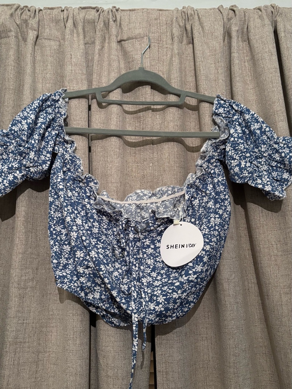 SHEIN Blue White Floral Square-Neck Puff Sleeve Crop Top
